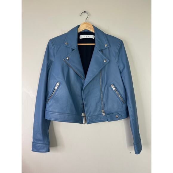 NEW Iro Lamb Leather Kolmar Cropped Moto Jacket Women's Light Blue Size: 10 - Picture 2 of 7